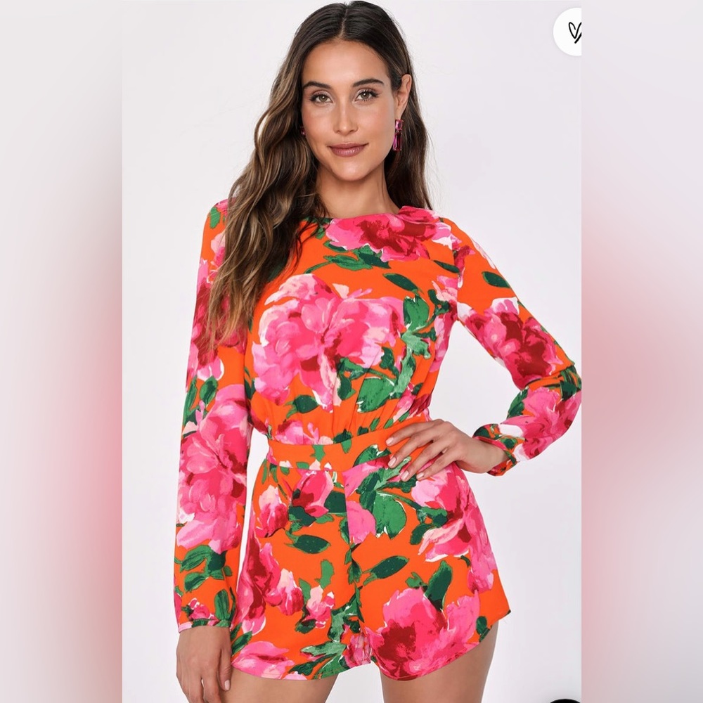 Lulus Sweetest Song Orange Floral Print Backless Long Sleeve Romper NWT Size Sm